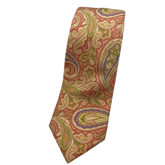 Brooks Brothers Paisley Mens Necktie Silk Classic Patterned Work Suit Pink‎ Gold - Picture 1 of 5